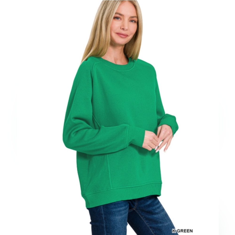 Plus Fleece round neck ribbed side raglan sweatshirts